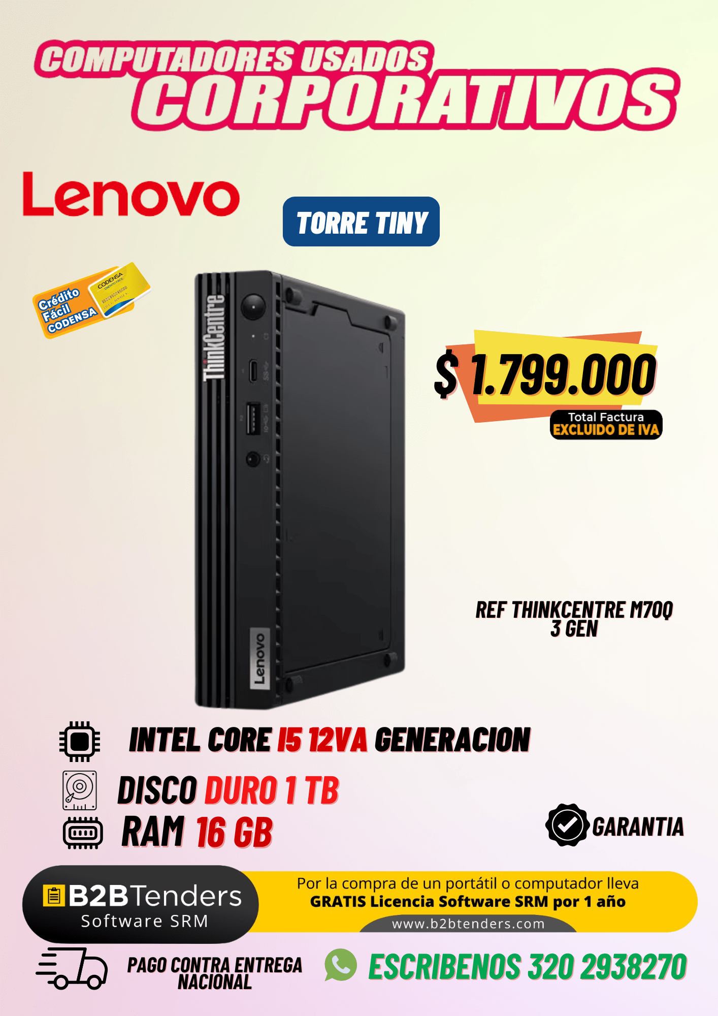 Lenovo ThinkCentre M700Q 3rd Gen Tiny | Core i5 12va Gen | 16GB RAM | 1TB | Mini PC Corporativa